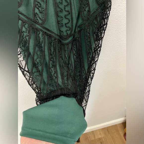20’s Flapper Beaded Cocktail Green and Black Dress Fringe Cap Sleeve Size S - Picture 12 of 13